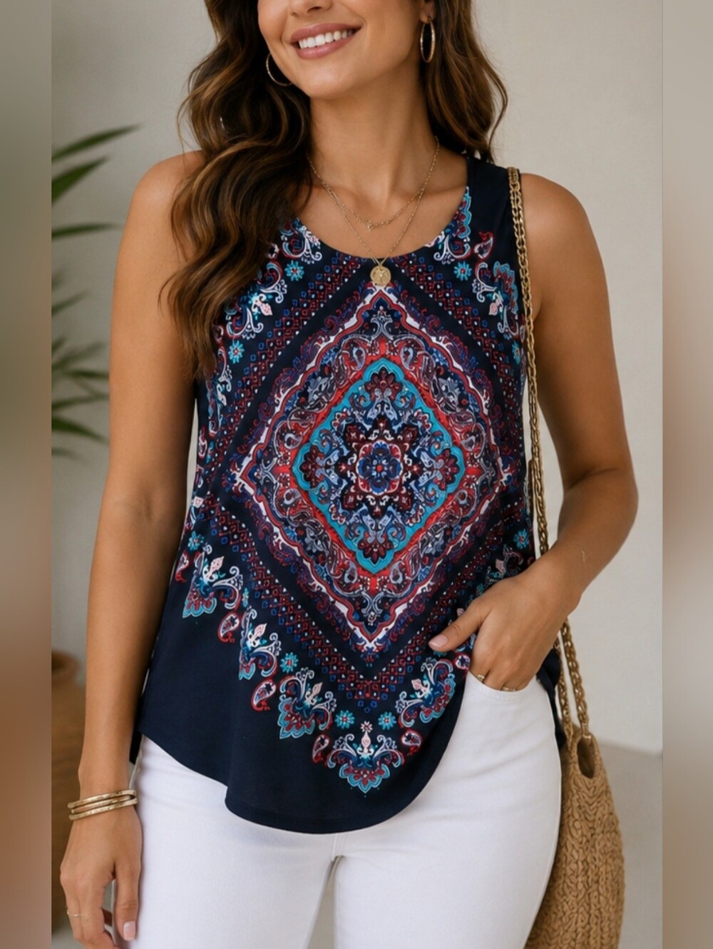 Roz & Ali Navy Paisley Medallion Tank Top Embellished Comfy Stretch Large